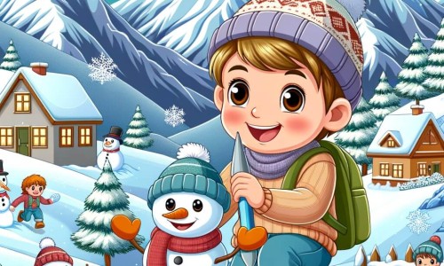 Une illustration destinée aux enfants représentant un niño pequeño avec un sourire radieux, jouant dans un village enneigé entouré de majestueuses montagnes, accompagné de son muñeco de nieve y de sus amigos, mientras disfrutan de las maravillas del invierno.
