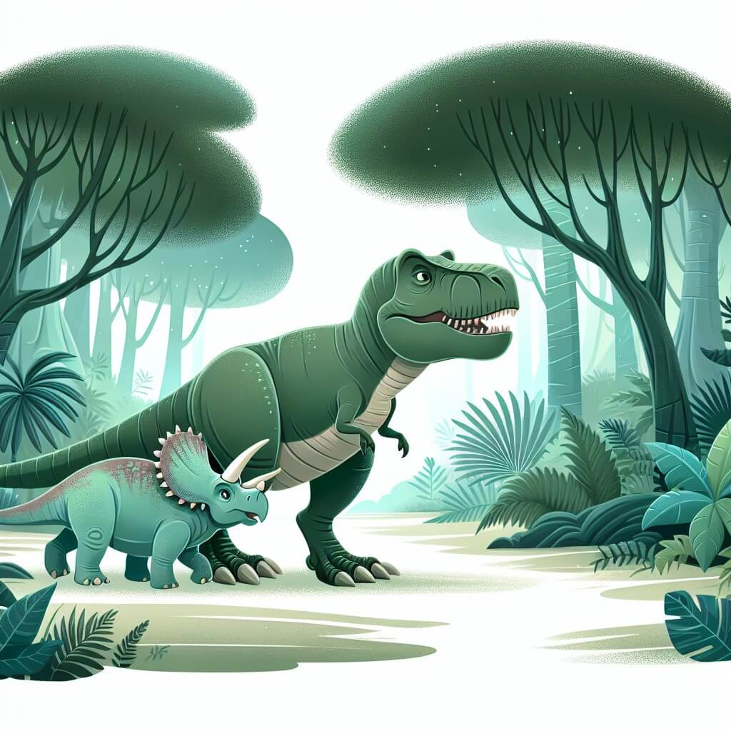 Une illustration destinée aux enfants représentant un majestueux Tyrannosaure Rex, se promenant avec un Triceratops à travers un luxuriant et mystérieux bosquet préhistorique.