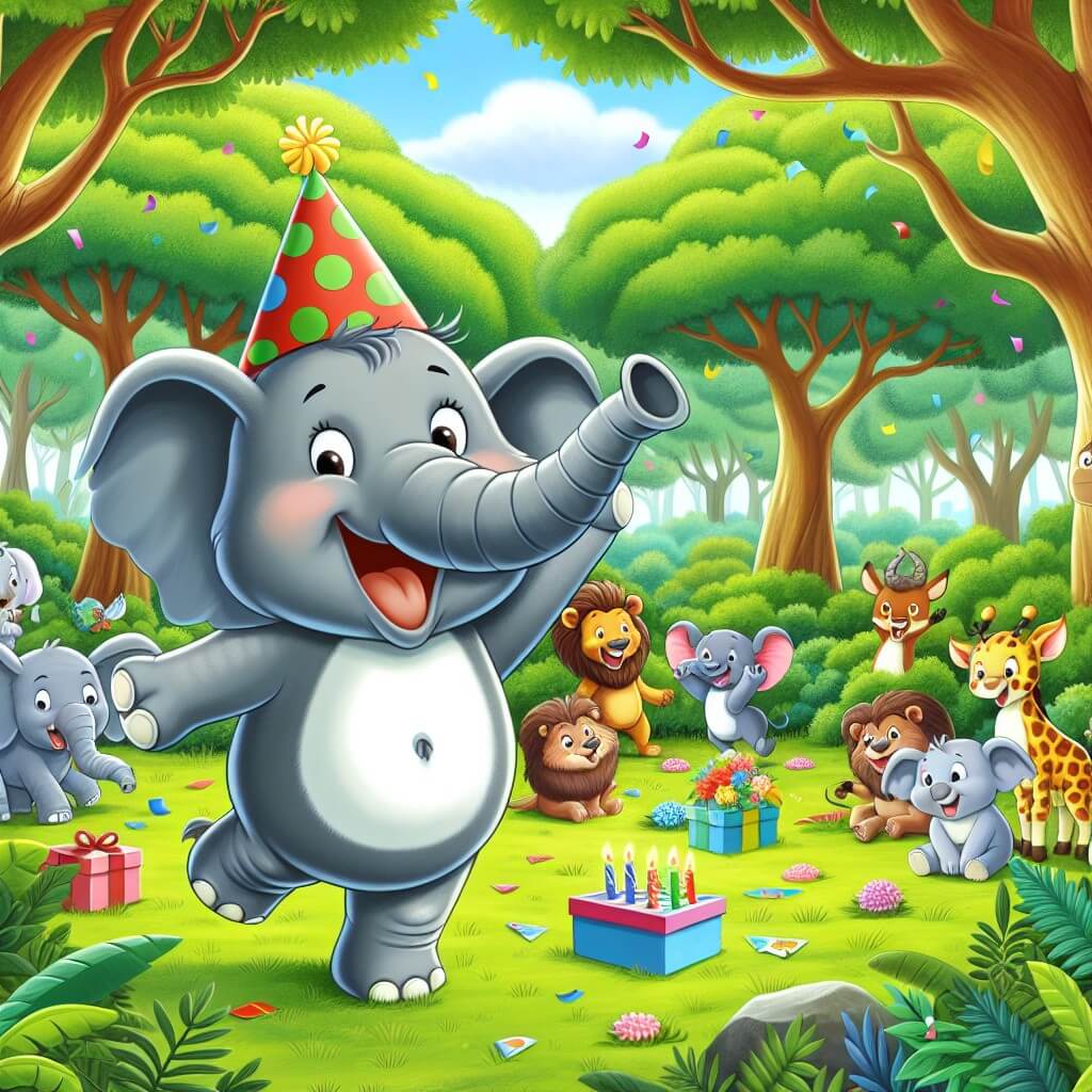 Une illustration destinée aux enfants représentant un éléphant joyeux et espiègle, organisant une fête surprise avec des animaux de la jungle dans une clairière luxuriante entourée d'arbres majestueux, où règne une ambiance de rires et de jeux.