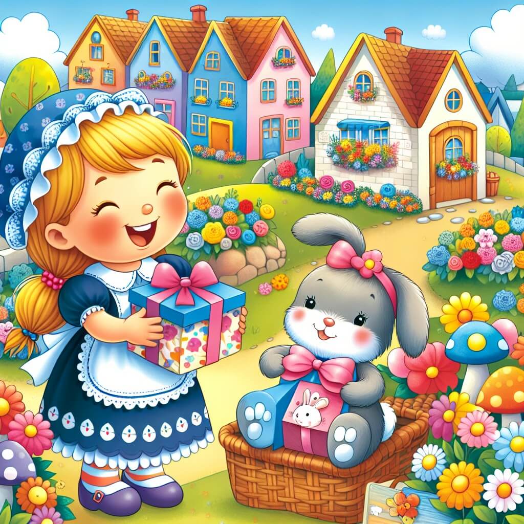 Une illustration destinée aux enfants représentant une petite fille pleine de joie qui prépare un cadeau surprise pour sa maman, accompagnée d'un adorable lapin en peluche, dans un charmant village coloré rempli de fleurs et de maisons en forme de champignons.