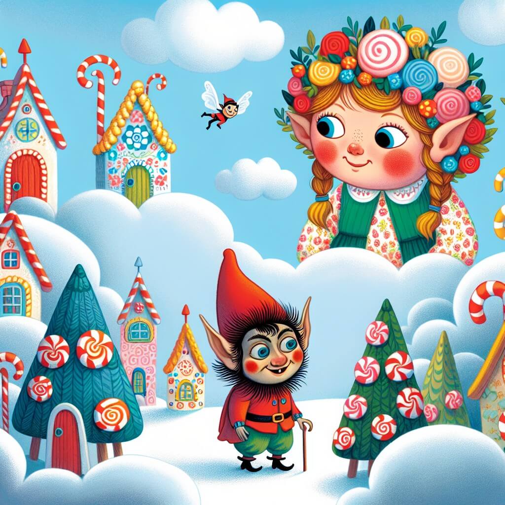 Une illustration destinée aux enfants représentant une petite fille aux joues roses, vêtue d'une robe colorée, qui se retrouve nez à nez avec un drôle de lutin facétieux, dans un village perché sur des nuages moelleux, où les maisons sont en bonbons et les arbres en barbe à papa.