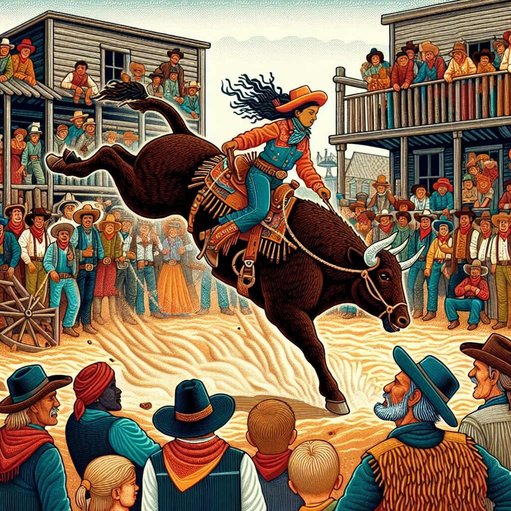 Une illustration destinée aux enfants représentant une cowgirl audacieuse, montée sur son cheval, défiant un taureau mécanique, dans un village du Far West avec des rues en terre et des bâtiments en bois, entourée de spectateurs enthousiastes.