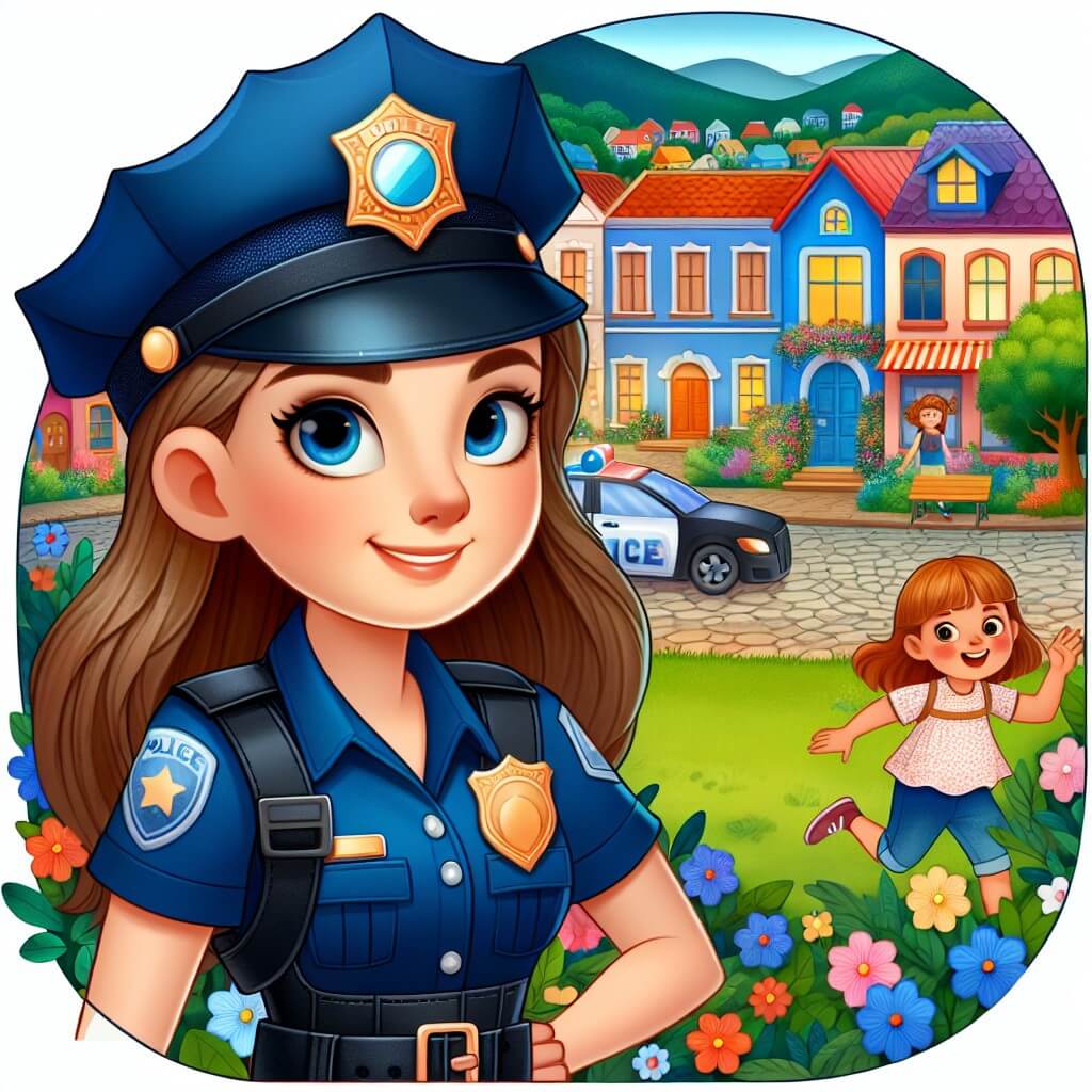 Une illustration destinée aux enfants représentant une femme policière courageuse, arborant un uniforme bleu éclatant et une casquette bien ajustée, résolvant des mystères dans le paisible village de Villa Esperanza, avec ses maisons colorées, ses rues pavées bordées de fleurs et son parc verdoyant où les enfants jouent joyeusement.